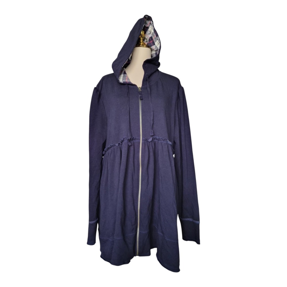 Evy's Tree Sophie Hoodie Jacket Womens 2X Navy Zip Up Plaid Hood Lined Peplum